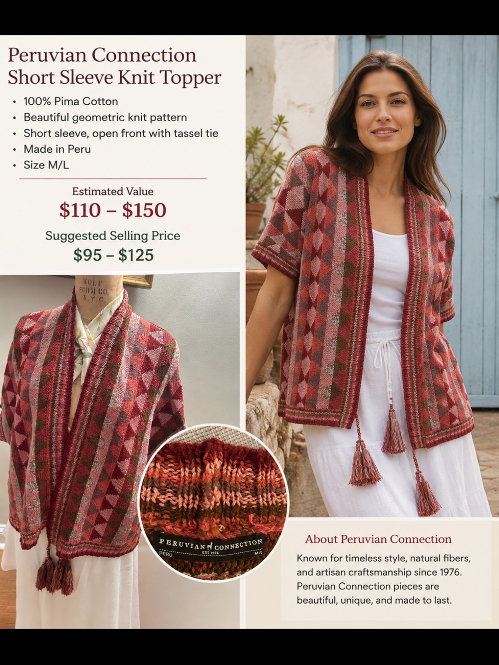 Peruvian Connection Red Geometric Short Sleeve Knit Topper